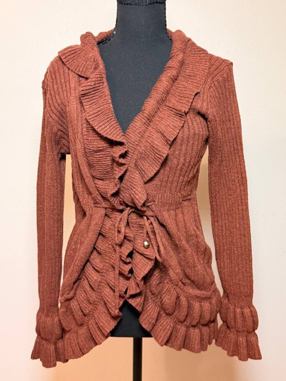 Jon & Anna Rust Ruffle Cardigan Boho Cottagecore Tie Waist Sweater M